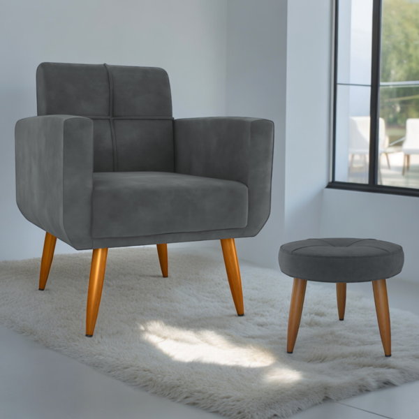 Jogo Poltrona E Puff Para Sala Oliver Veludo Cinza