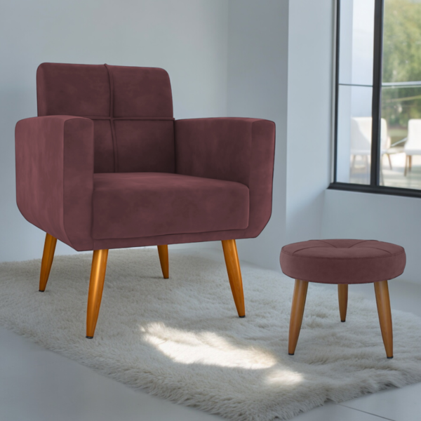 Jogo Poltrona E Puff Para Sala Oliver Veludo Rose