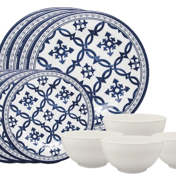 Jogo Prato De Jantar, Sobremesa E Tigela Melamina Azulejo Por