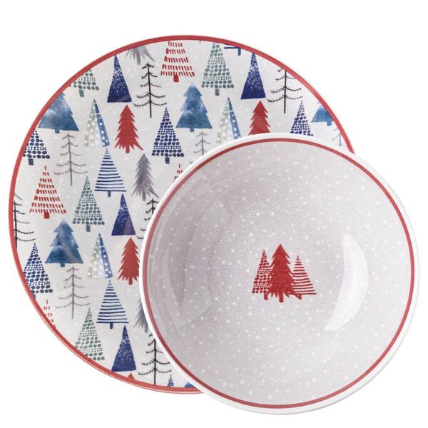 Jogo Pratos Rasos E Fundos 12 Peças Natal Pinheiro Oxford Cer