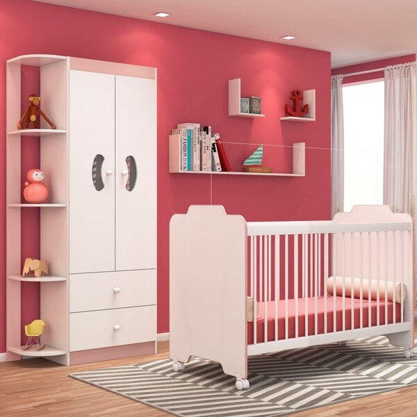 Jogo Quarto De Bebê Guarda Roupa E Berço Ternura Branco/rosa