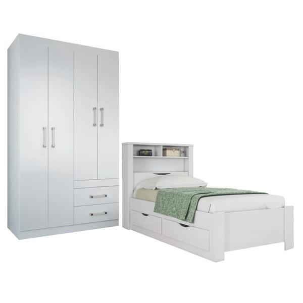 Jogo Roupeiro 4 Portas E Cama Com Gavetas Jenifer Branco