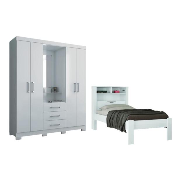 Jogo Roupeiro 4 Portas E Cama Solteiro Sumter Branco