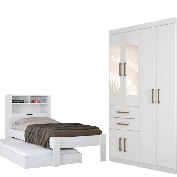 Jogo Roupeiro Com Espelho E Bicama Solteiro Baltimore Branco