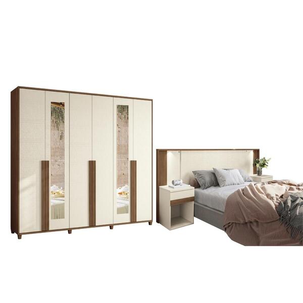 Jogo Roupeiro Com Espelho E Cabeceira Manchester Jatobá Areia