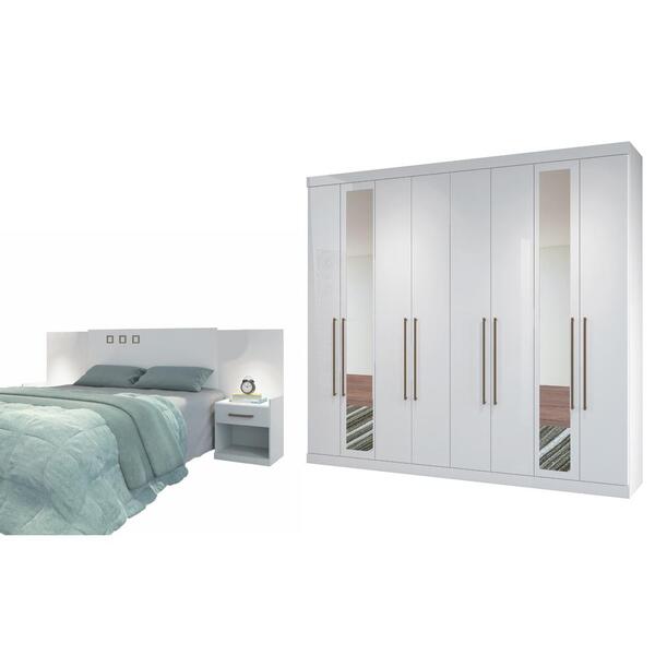 Jogo Roupeiro Com Espelho E Cabeceira Thaysa Branco