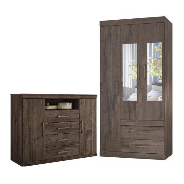 Jogo Roupeiro Com Espelho E Cômoda Jeremias Ebano