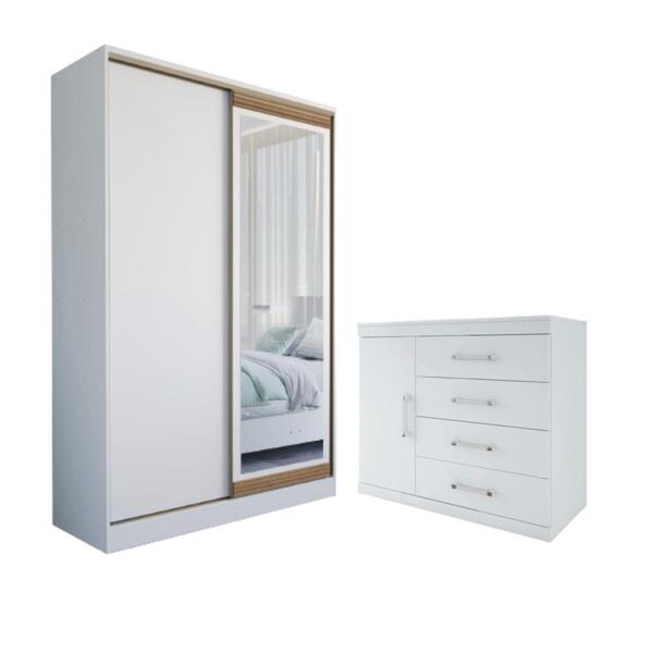 Jogo Roupeiro Com Espelho E Cômoda Orleans Branco