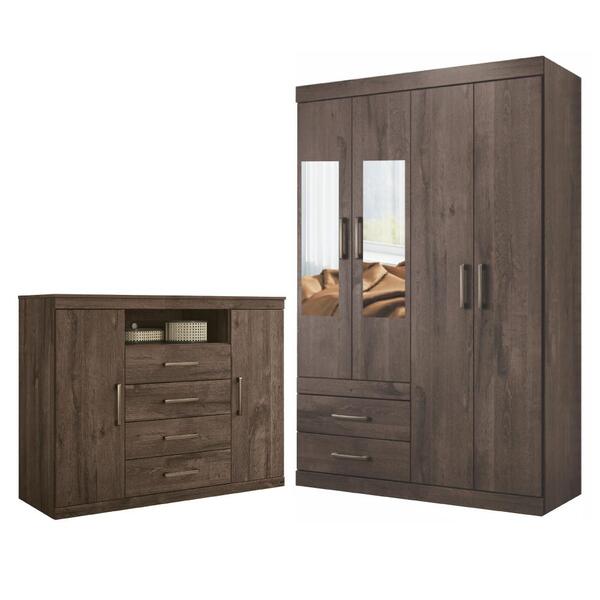 Jogo Roupeiro Espelho 4 Portas E Cômoda Jenifer Ebano