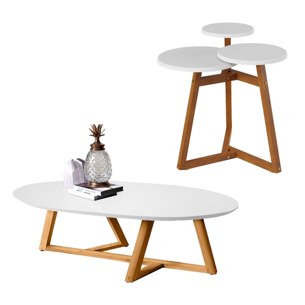 Jogo Sala De Estar Lena Mesas Centro E Lateral Branco Amêndoa