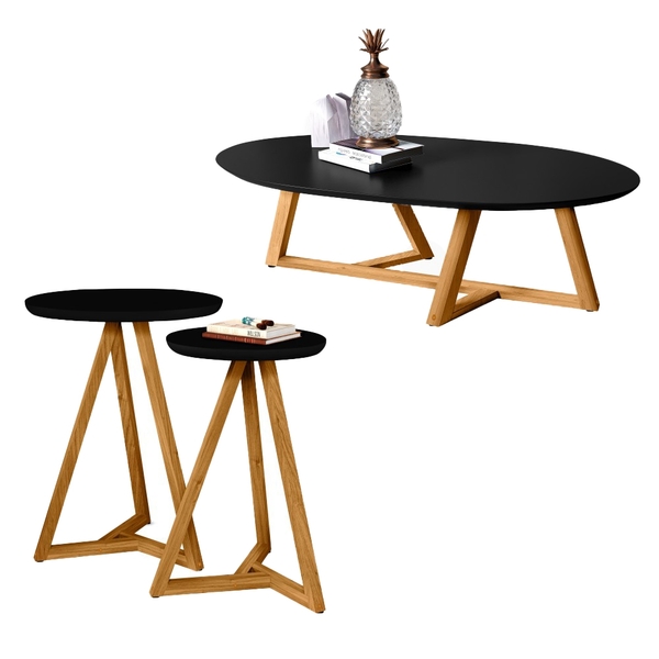 Jogo Sala De Estar Mesas Steve Preto Amêndoa