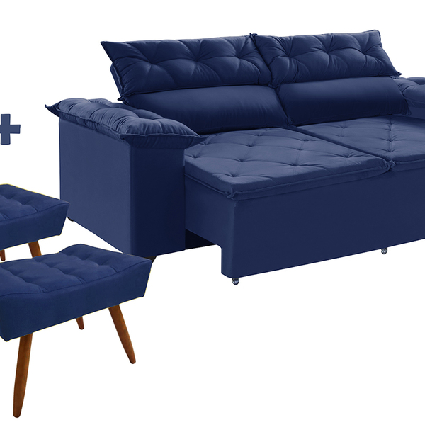 Jogo Sofá Com 2 Puffs Compact Retrátil Reclinável 200 Cm Mola