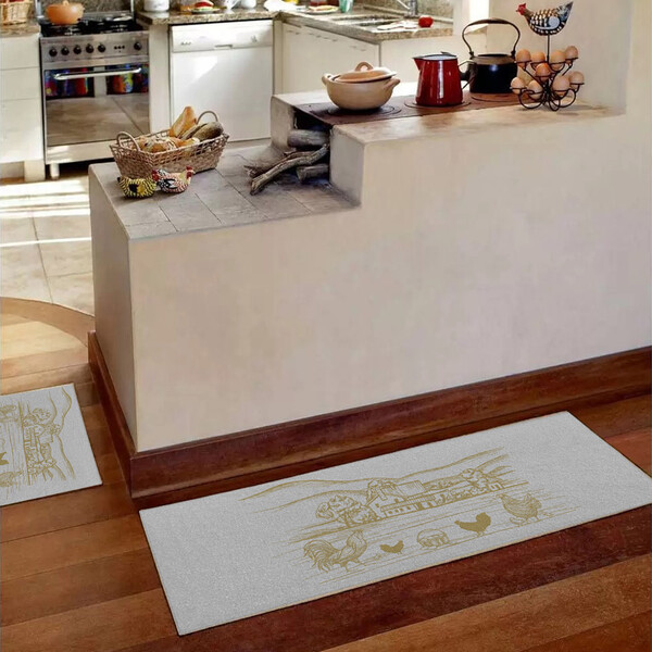 Jogo Tapete Cinza Algodão Antiderrapante 3pç Fazendinha Bege