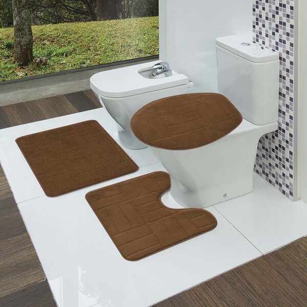 Jogo Tapetes de Banheiro 3 Peças Sublime Blocos Marrom Jolitex