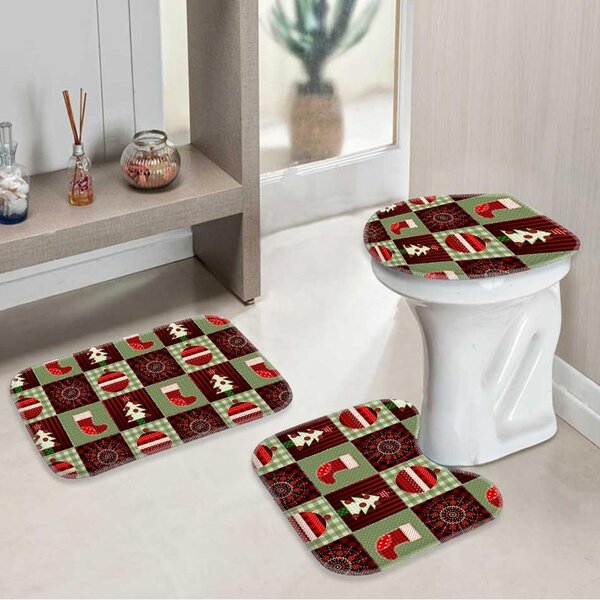 Jogo Tapetes De Natal Para Banheiro Xadrez  Natalino Único