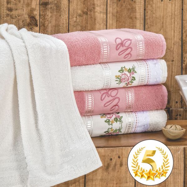 Jogo Toalhas Banho 5 Peças Ponto Russo - Rosa - 100% Algodão