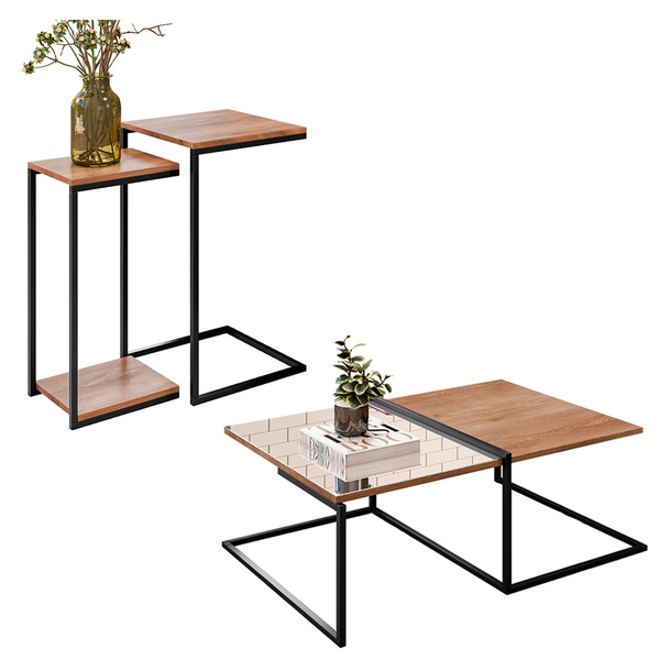 Kit 01 Mesa Lateral E 01 Mesa De Centro Industrial Com Espelh