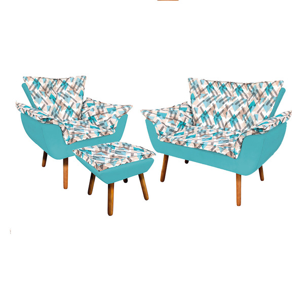 Kit 01 Namoradeira 01 Poltrona E 01 Puff Opala Suede Azul Tur