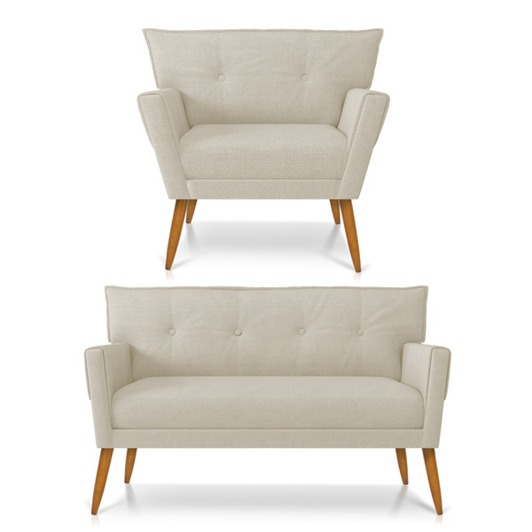 Kit 01 Namoradeira 02 Lugares E 01 Poltrona Anitta Linho Pés