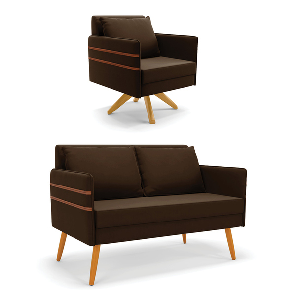Kit 01 Namoradeira 02 Lugares E 01 Poltrona Mari Suede Marrom