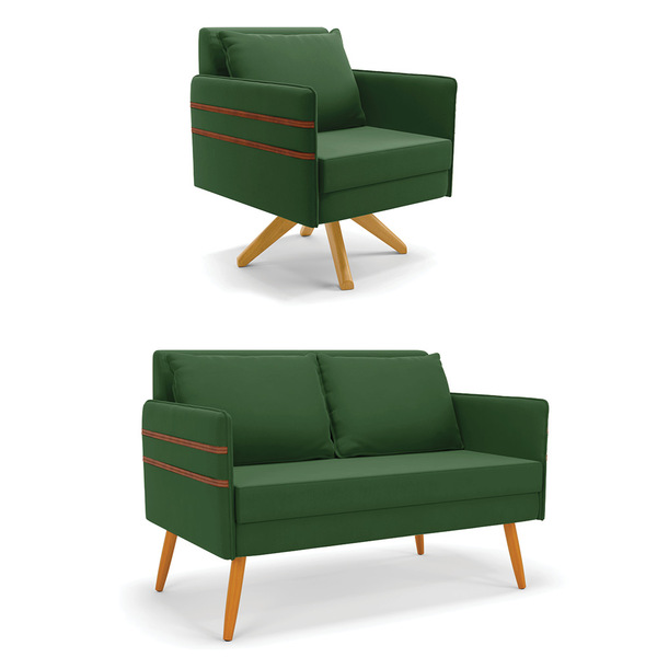 Kit 01 Namoradeira 02 Lugares E 01 Poltrona Mari Suede Verde