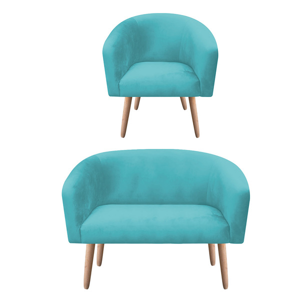 Kit 01 Namoradeira 02 Lugares E 01 Poltrona Stella Suede Azul