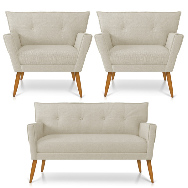 Kit 01 Namoradeira 02 Lugares E 02 Poltronas Anitta Linho Pés