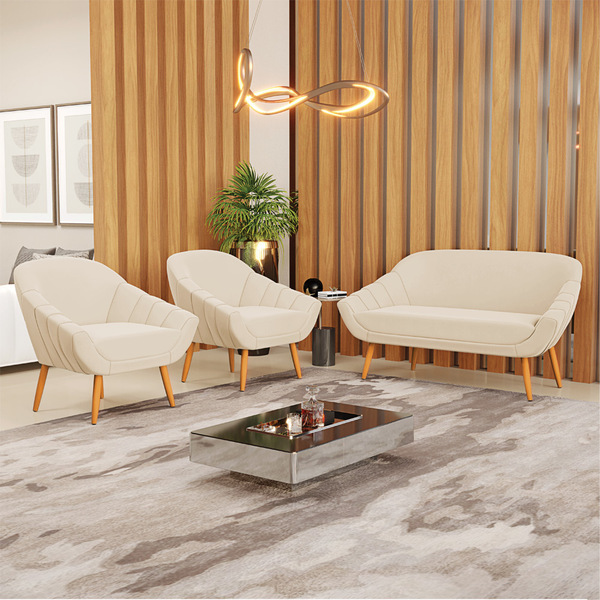 Kit 01 Namoradeira 02 Lugares E 02 Poltronas Giovana Suede Pé