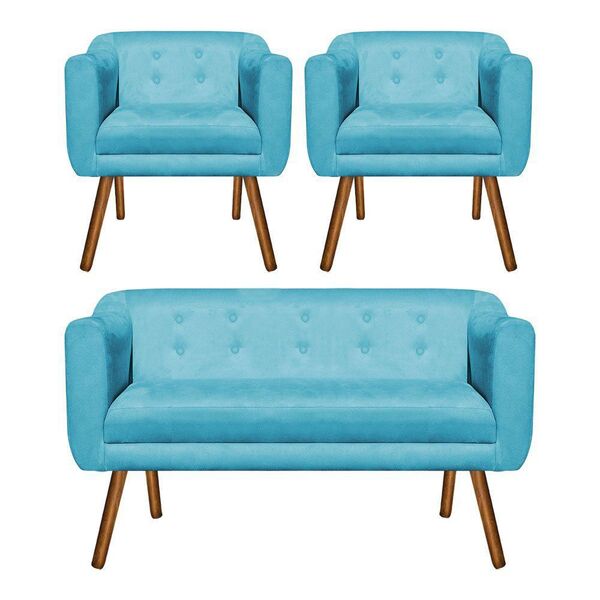 Kit 01 Namoradeira 02 Lugares E 02 Poltronas Julia Suede Azul