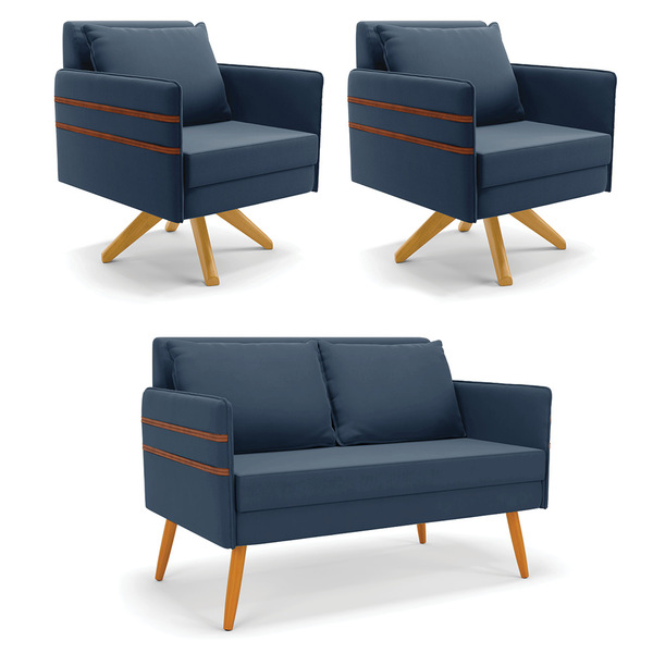 Kit 01 Namoradeira 02 Lugares E 02 Poltronas Mari Suede Azul