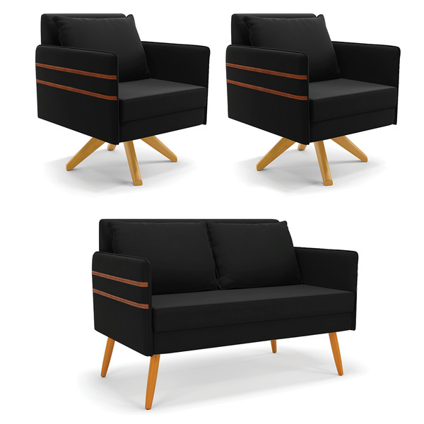 Kit 01 Namoradeira 02 Lugares E 02 Poltronas Mari Suede Preto