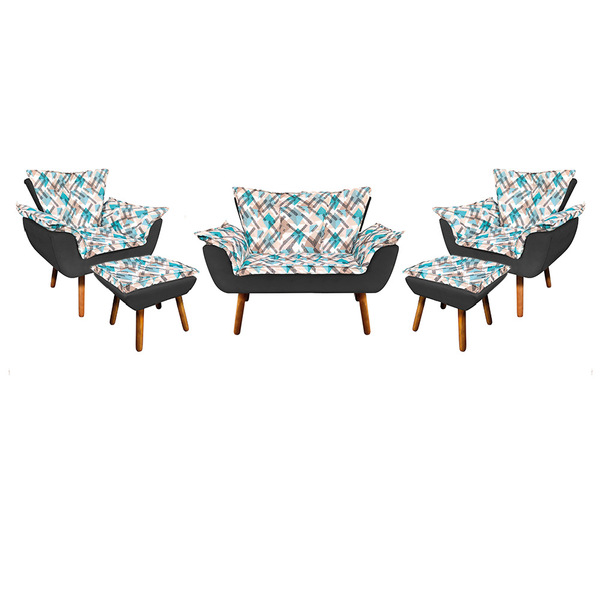 Kit 01 Namoradeira 02 Poltronas E 02 Puffs Opala Suede Preto