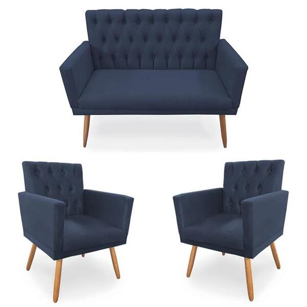 Kit 01 Namoradeira 02 Poltronas Nina Capitonê Azul Marinho