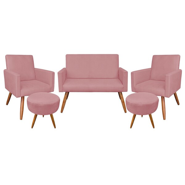 Kit 01 Namoradeira Com 02 Poltronas E 02 Puffs Larissa Suede