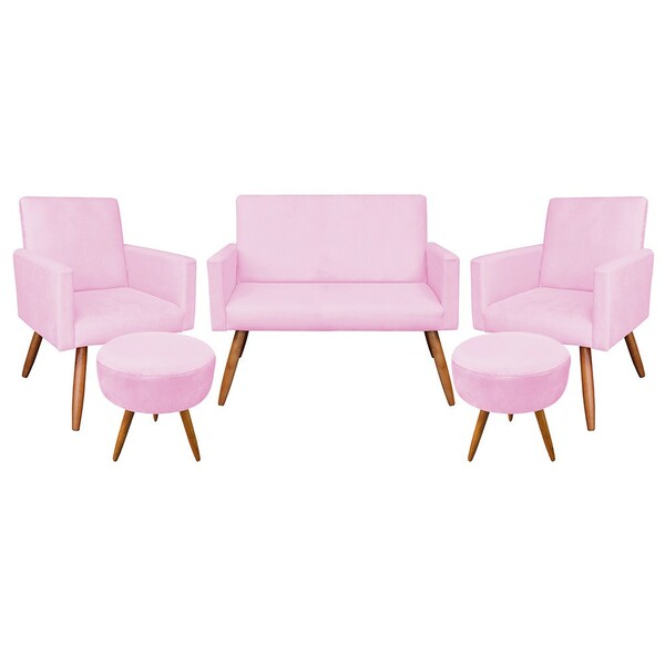 Kit 01 Namoradeira Com 02 Poltronas E 02 Puffs Larissa Suede