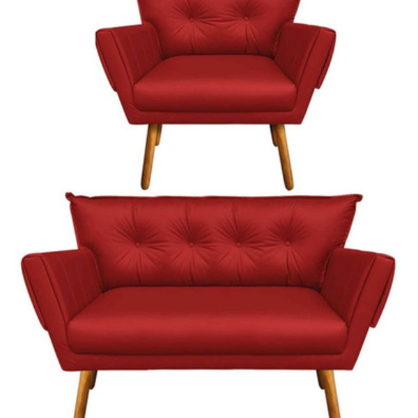 Kit 01 Namoradeira E 01 Poltrona Anitta Corino Bege Pés Palit