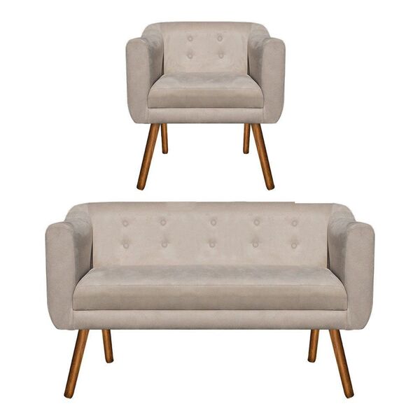 Kit 01 Namoradeira E 01 Poltrona Julia Suede Bege Pés Palito