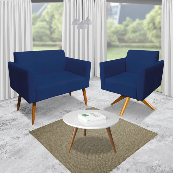 Kit 01 Namoradeira E 01 Poltrona Marisa Suede Azul Marinho Ba