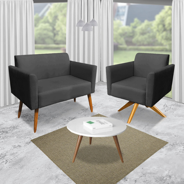 Kit 01 Namoradeira E 01 Poltrona Marisa Suede Preto Base Gira