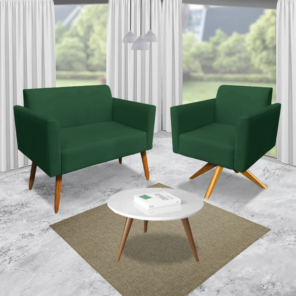 Kit 01 Namoradeira E 01 Poltrona Marisa Suede Verde Base Gira