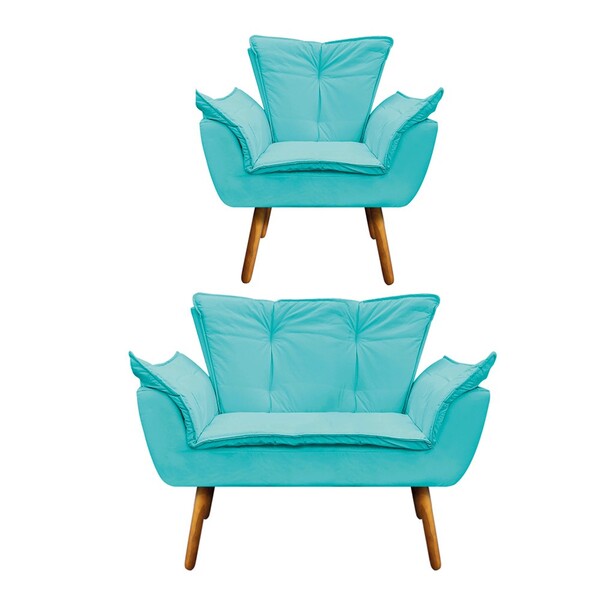 Kit 01 Namoradeira E 01 Poltrona Opala Corino Pés Palito Cast