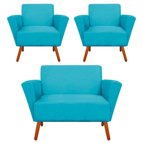 Kit 01 Namoradeira E 02 Poltrona Dora Suede Pés Palito Castan