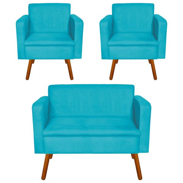 Kit 01 Namoradeira E 02 Poltrona Emilia Suede Pés Palito Cast