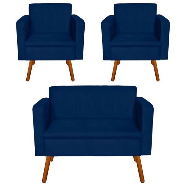 Kit 01 Namoradeira E 02 Poltrona Emilia Suede Pés Palito Cast