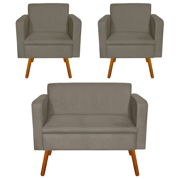 Kit 01 Namoradeira E 02 Poltrona Emilia Suede Pés Palito Cast