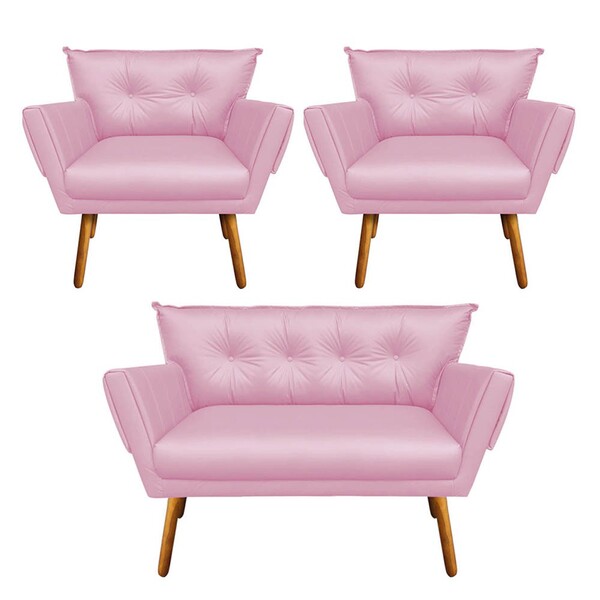 Kit 01 Namoradeira E 02 Poltronas Anitta Corino Pés Palito Ca