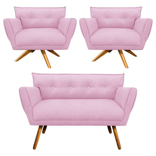 Kit 01 Namoradeira E 02 Poltronas Anitta Suede Rosa Bebê