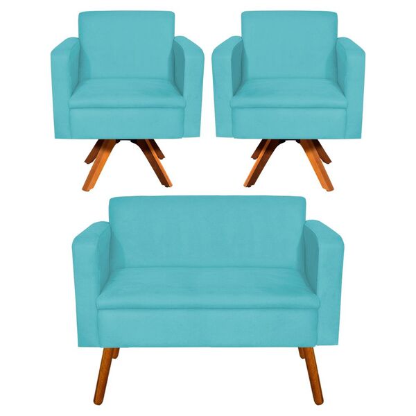 Kit 01 Namoradeira E 02 Poltronas Giratória Emília Suede Base