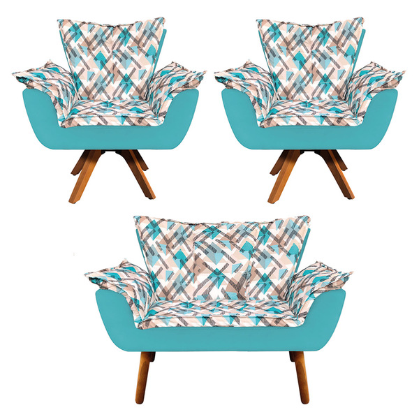 Kit 01 Namoradeira E 02 Poltronas Giratória Opala Suede Com D