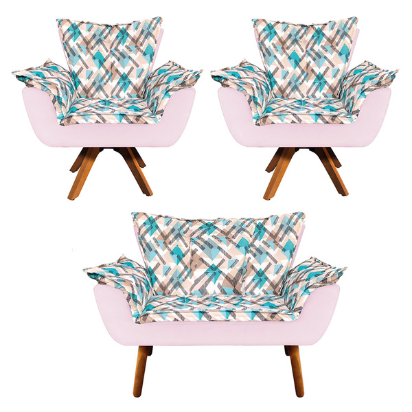 Kit 01 Namoradeira E 02 Poltronas Giratória Opala Suede Rosa